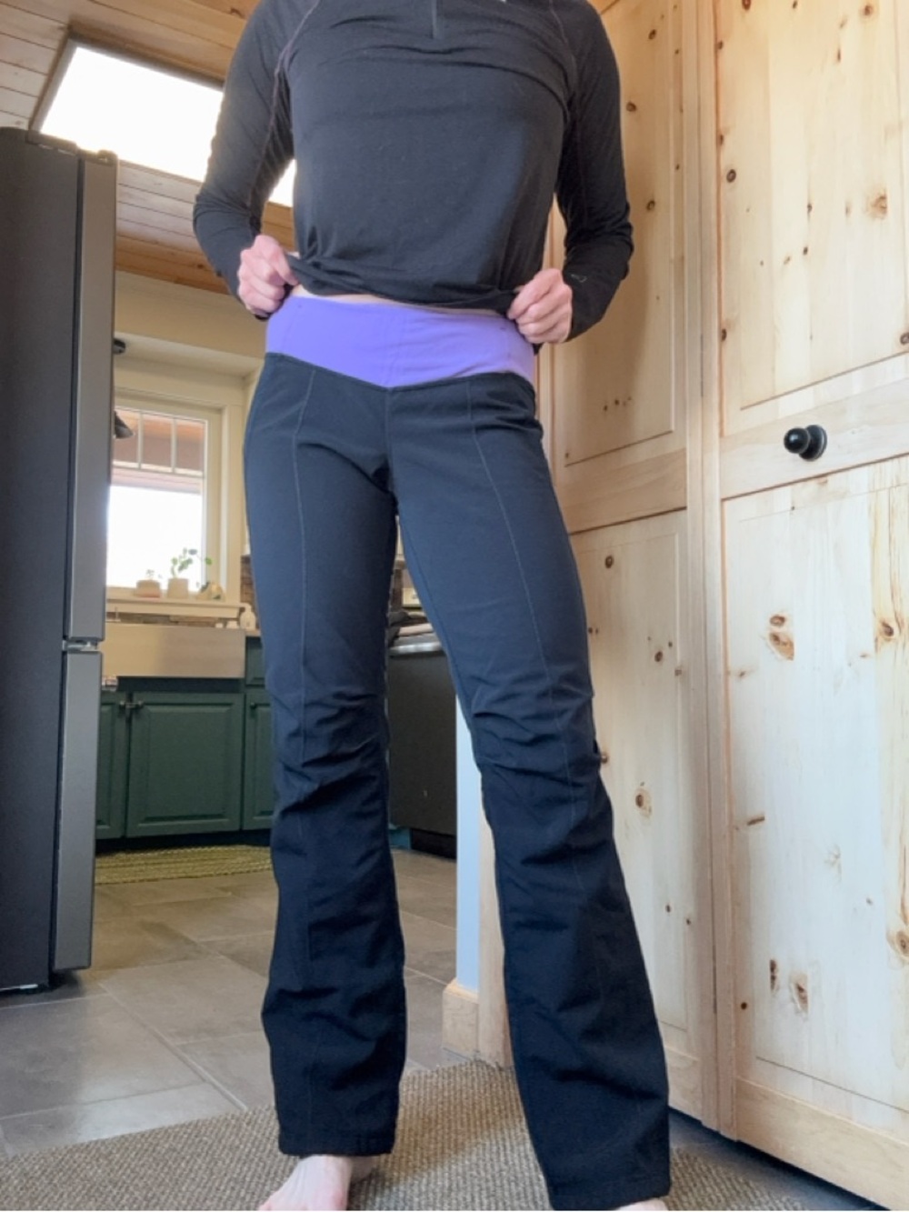 lululemon athletica Black Boot-Cut Pants with Purple Waistband